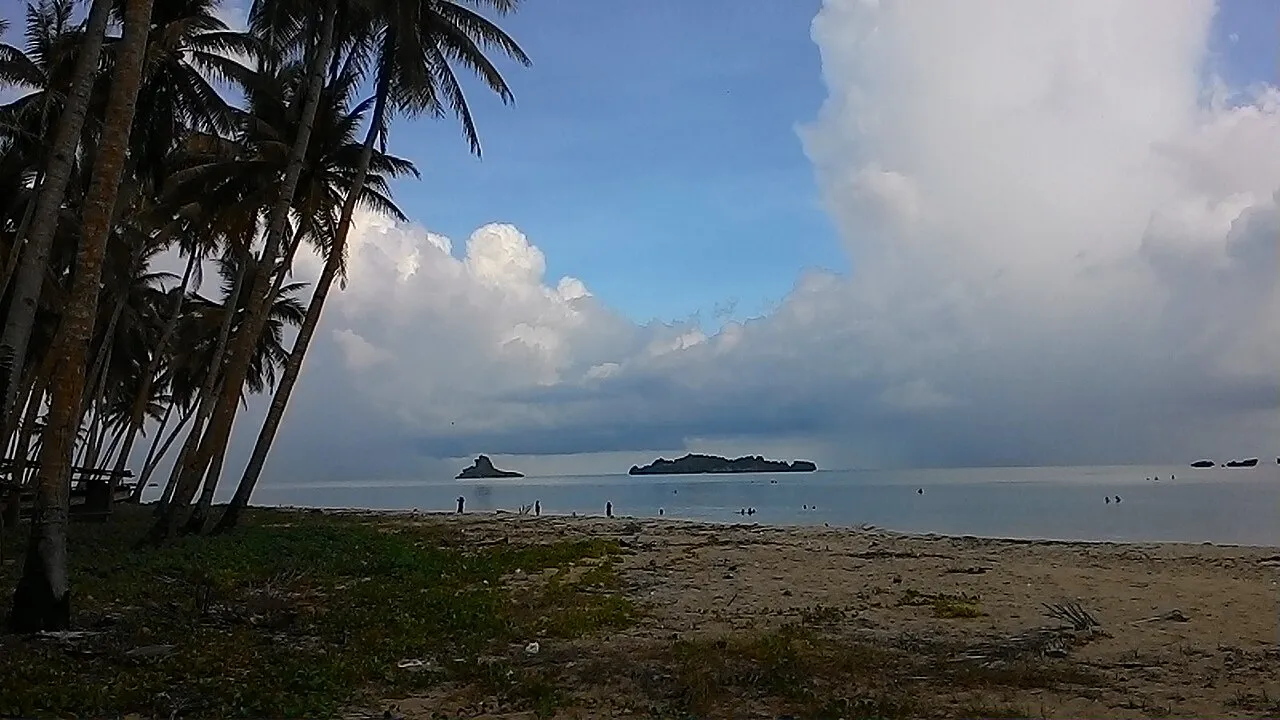 Palm trees and a sandy shore overlooking small offshore islets at Weluan Beach near Saumlaki, shown as regional context for Matakus