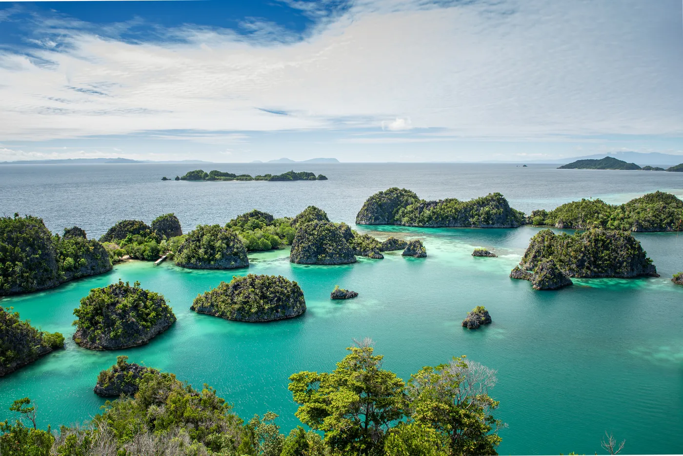 Forested limestone islets and turquoise lagoons seen from the Piaynemo viewpoint in Raja Ampat