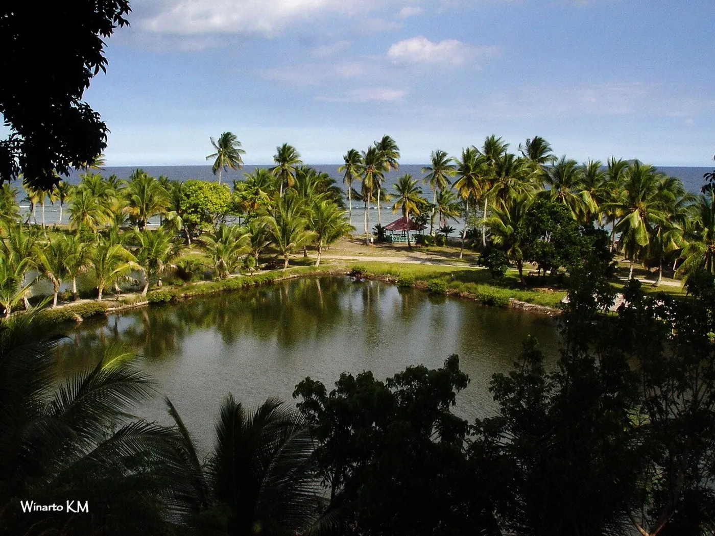 Palm trees, a coastal lagoon and the sea at Bentenan in Pusomaen, shown as regional context for nearby Tumbak